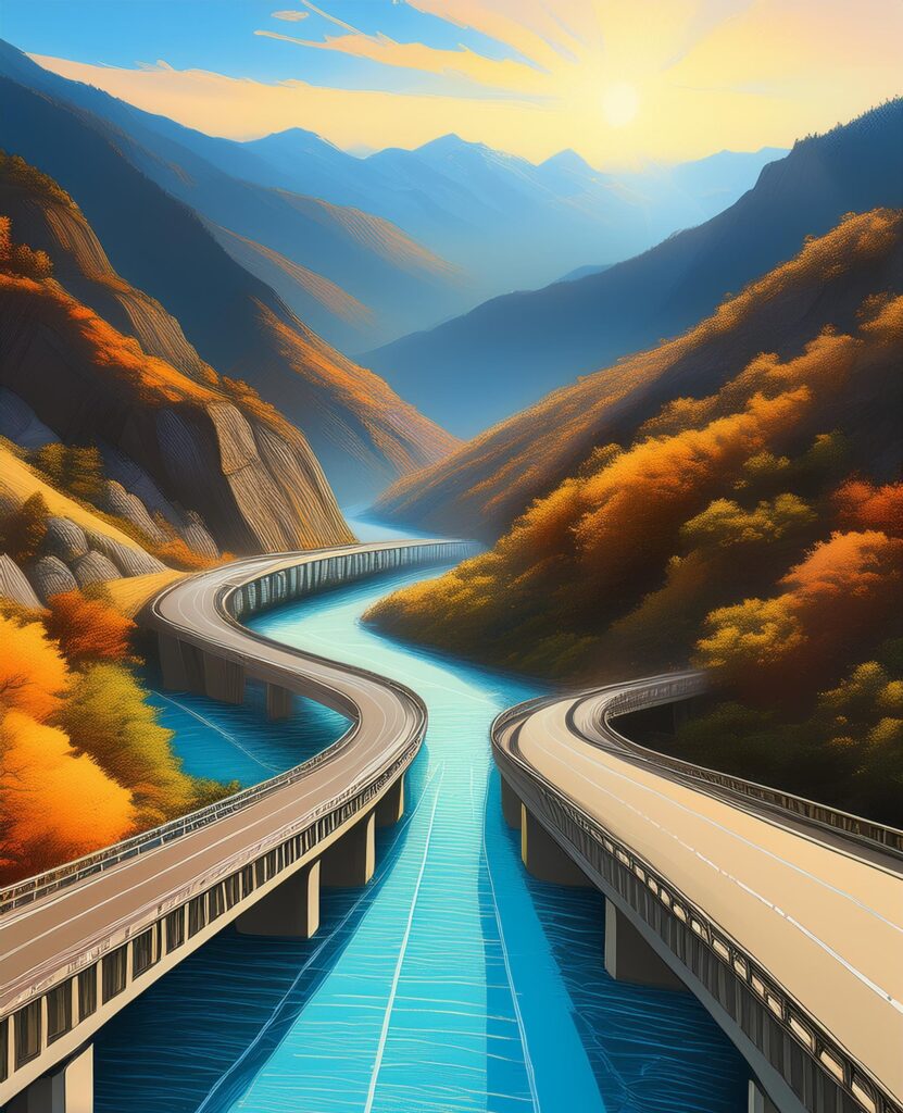 Firefly digital painting of highway bridge over river to central valley 39436-01